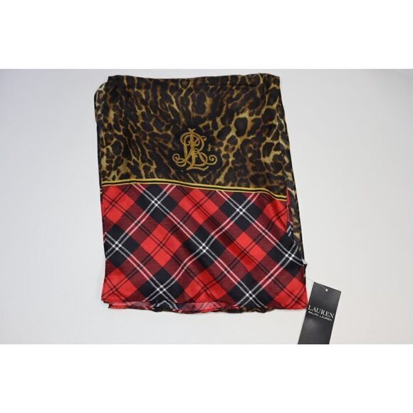 Lauren Ralph Lauren Cheetah Print and Red Plaid 100% Silk Scarf One Size